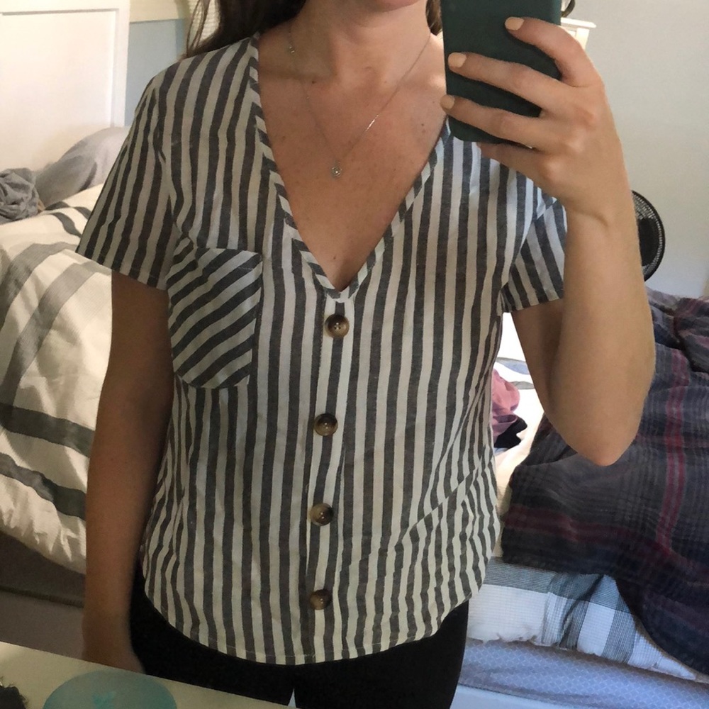 shein grey and white striped button tee